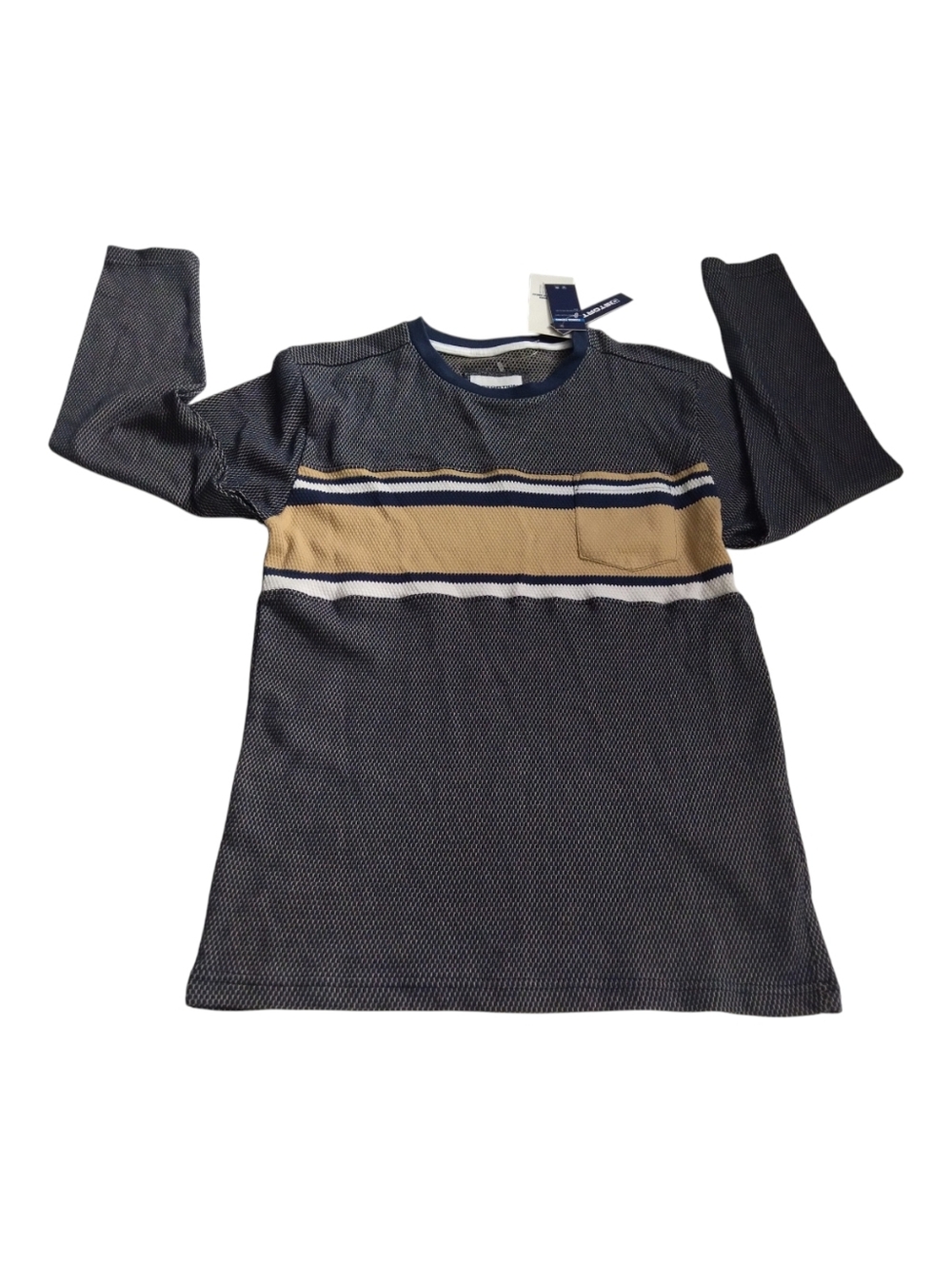 Distortion Men's Long Sleeve Stripe Pullover Pocket Tee - Navy & Tan New Size M